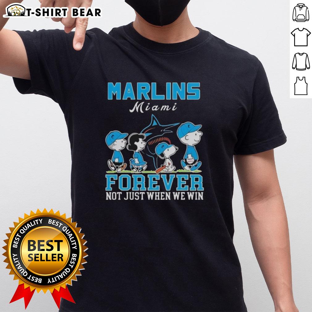 Alt Text: Cute Snoopy and Charlie Brown Miami Marlins baseball forever t-shirt design, perfect for fans not just when we win.