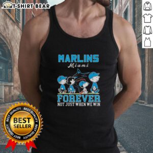 Cute Snoopy and Charlie Brown Miami Marlins baseball tank top with 'Forever, Not Just When We Win' slogan.
