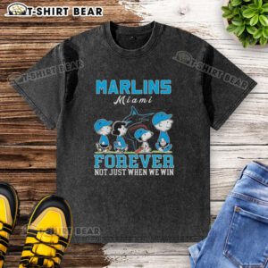 Cute Snoopy and Charlie Brown Miami Marlins baseball t-shirt with 'Forever, Not Just When We Win' slogan.