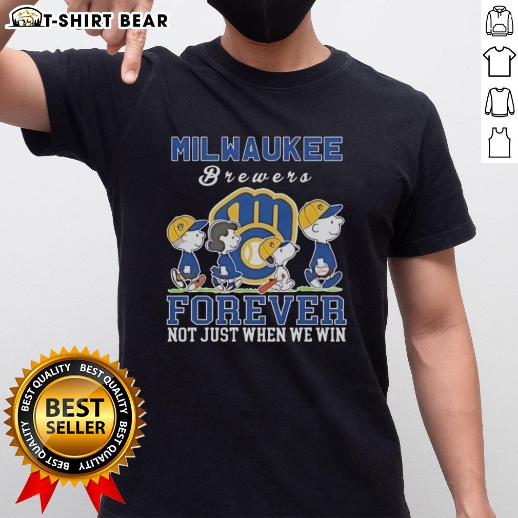 Alt Text: Cute Snoopy and Charlie Brown on Milwaukee Brewers baseball t-shirt, celebrating fandom forever, not just winning.