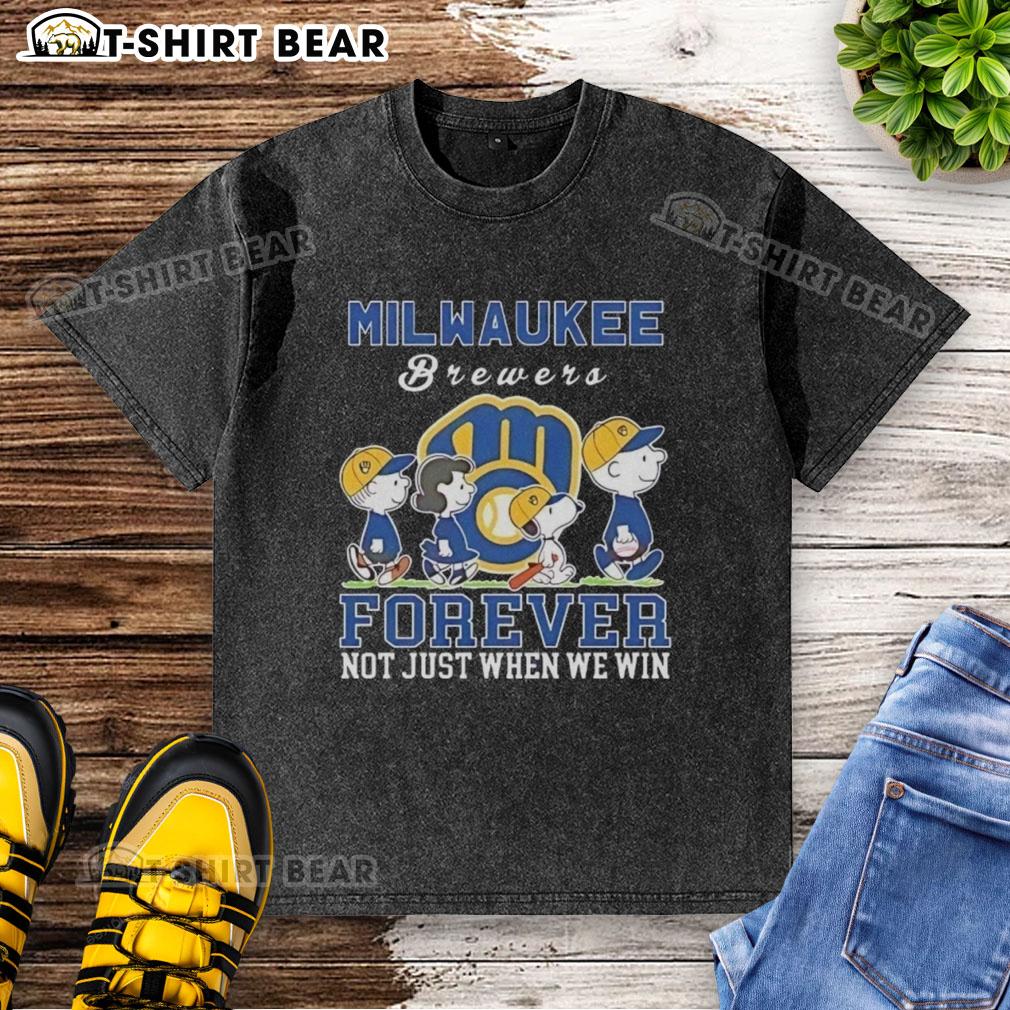 Cute Snoopy and Charlie Brown on a Milwaukee Brewers baseball t-shirt, celebrating fandom forever, not just when we win.