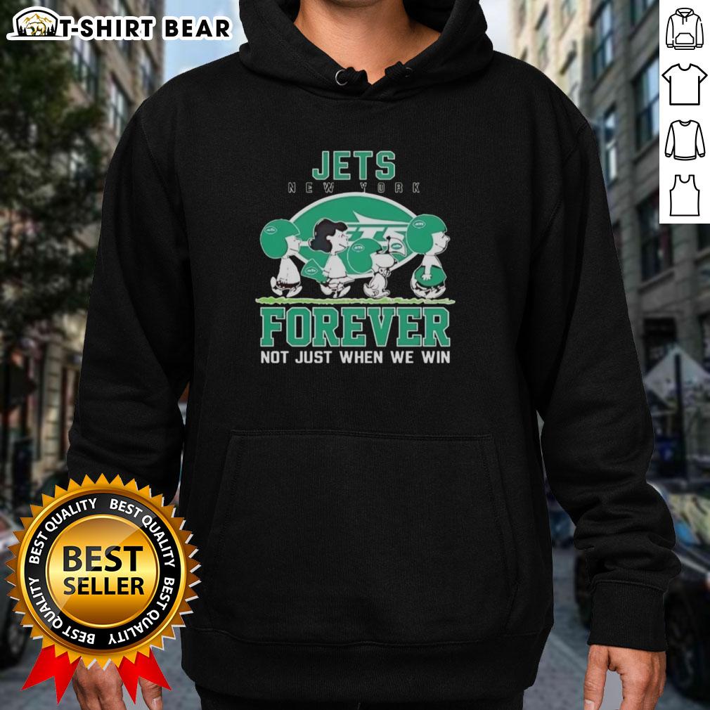 Cute Snoopy and Charlie Brown in New York Jets hoodie, celebrating team spirit with 'Forever, Not Just When We Win' slogan.