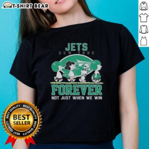 Alt Text: Cute Snoopy and Charlie Brown New York Jets Forever Tee for ladies, celebrating loyalty beyond winning.