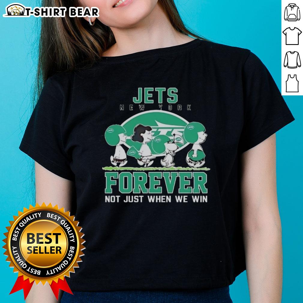Alt Text: Cute Snoopy and Charlie Brown New York Jets Forever Tee for ladies, celebrating loyalty beyond winning.