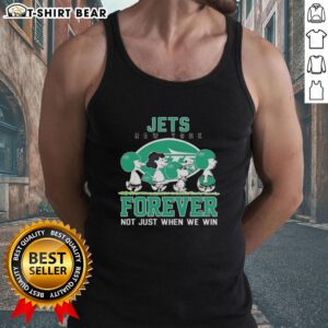 Cute Snoopy and Charlie Brown tank top for New York Jets fans, featuring 'Forever, Not Just When We Win' slogan.