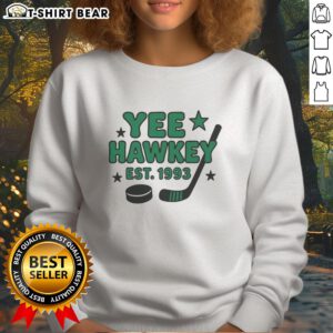 Alt Text: Funny Yee Hawkey Hockey Est 1993 Sweatshirt featuring playful design perfect for hockey fans and casual wear.