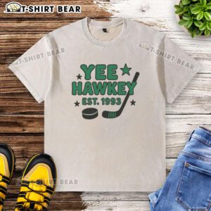 Funny Yee Hawkey Hockey Est 1993 washed t-shirt featuring a playful design for hockey enthusiasts and casual wear.