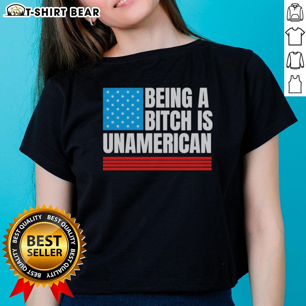 Alt Text: Good Being a Bitch is Unamerican USA Flag Ladies Tee featuring a bold graphic on a stylish women's t-shirt.