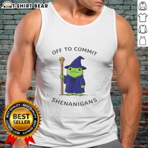 Good Frog Wizard tank top featuring a whimsical quote about mischief and adventures in a vibrant design.