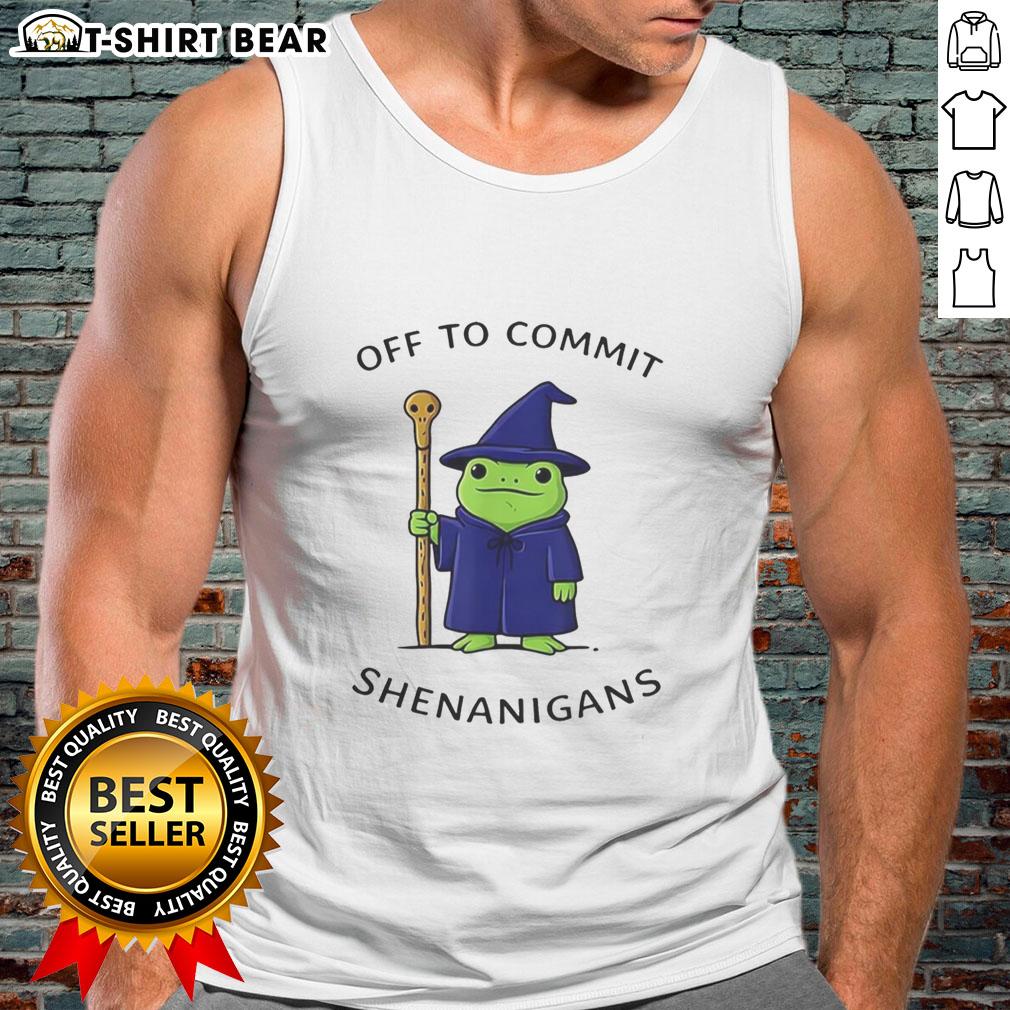 Good Frog Wizard tank top featuring a whimsical quote about mischief and adventures in a vibrant design.