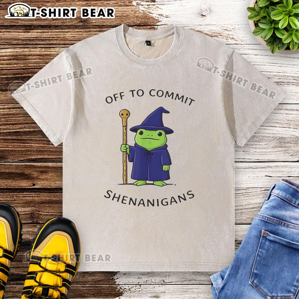 Good Frog Wizard t-shirt featuring a playful quote about shenanigans, perfect for quirky fashion lovers.