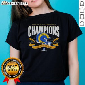 Los Angeles Rams NFC Championship Champions 2025-26 Big Helmet Center Ladies Tee featuring vibrant team graphics.