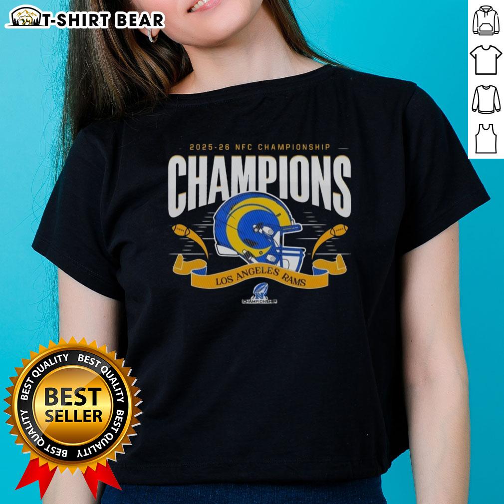 Los Angeles Rams NFC Championship Champions 2025-26 Big Helmet Center Ladies Tee featuring vibrant team graphics.