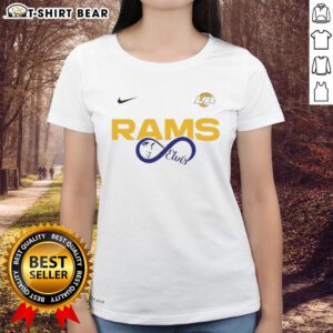 Ladies tee featuring Elvis Presley and Los Angeles Rams logo, perfect for NFL fans and music lovers.