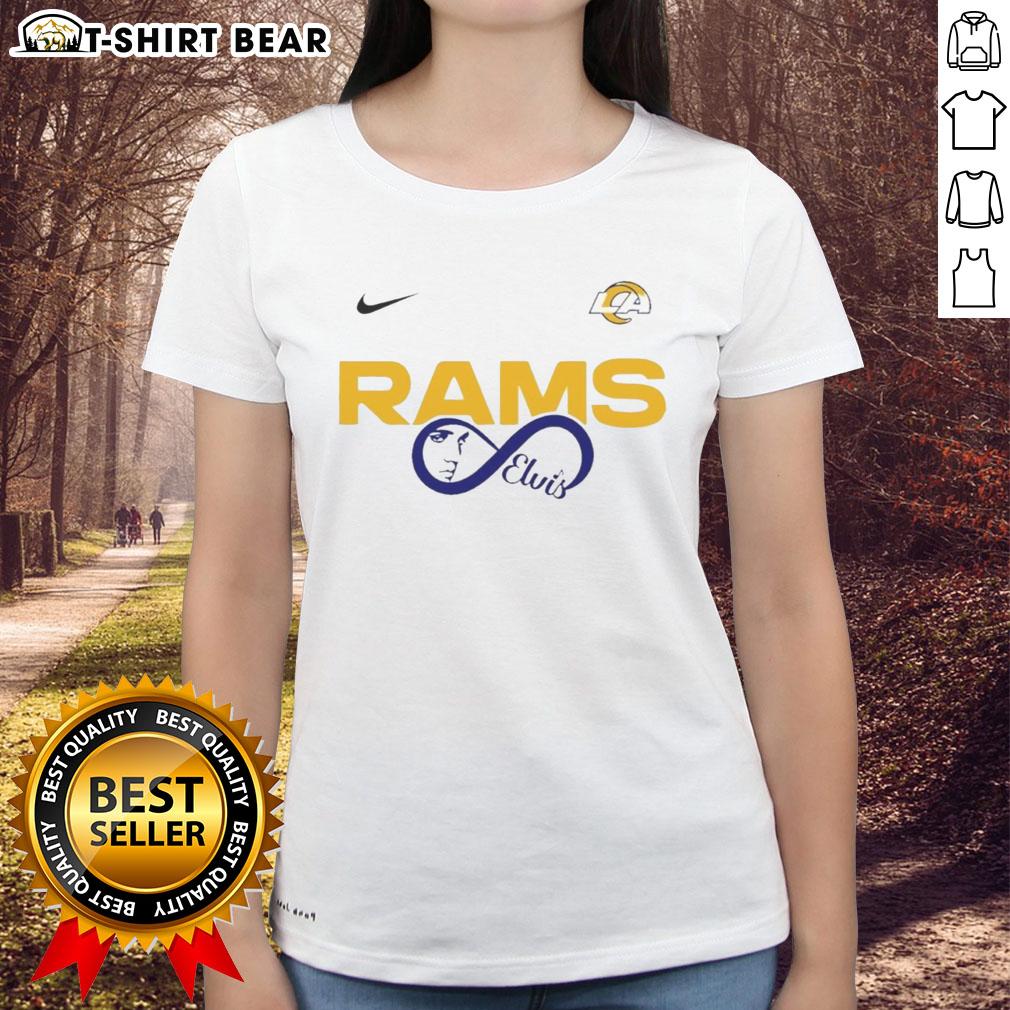 Ladies tee featuring Elvis Presley and Los Angeles Rams logo, perfect for NFL fans and music lovers.