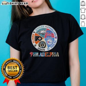 Good Philadelphia Teams Ladies Tee featuring Flyers, Eagles, Phillies, 76ers, and Union logos for sports fans.