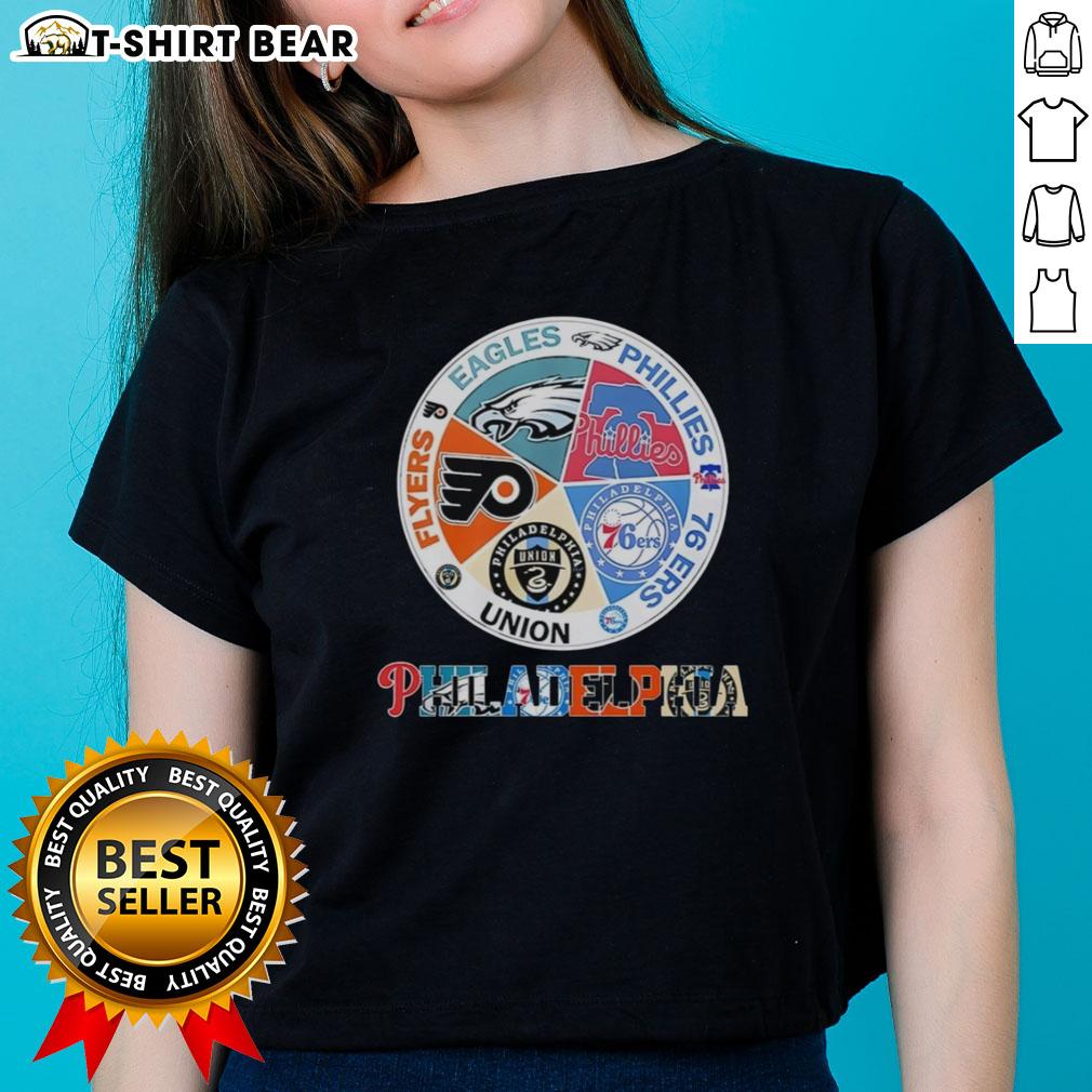 Good Philadelphia Teams Ladies Tee featuring Flyers, Eagles, Phillies, 76ers, and Union logos for sports fans.