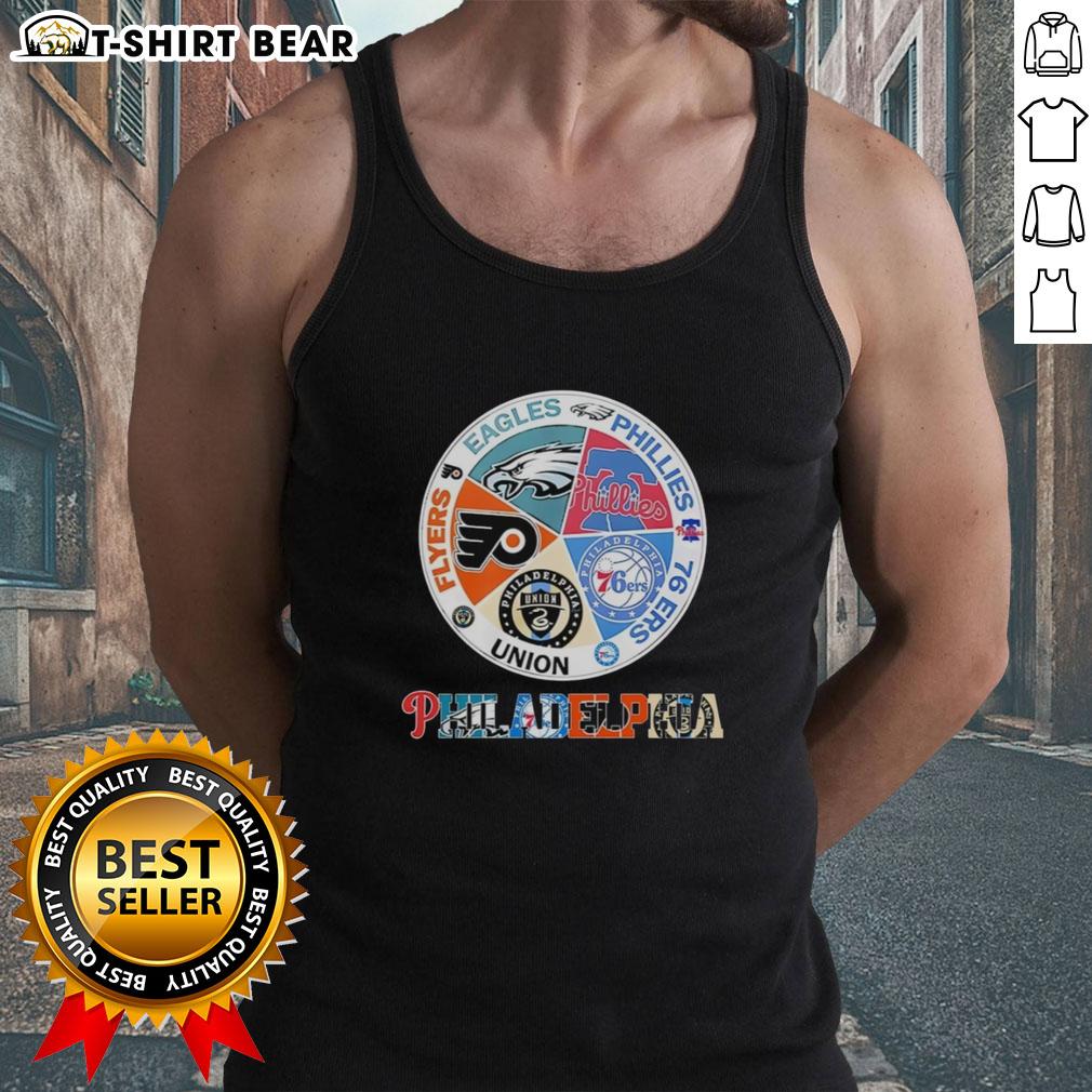 Good Philadelphia Teams tank top featuring Flyers, Eagles, Phillies, 76ers, and Union logos for sports fans.