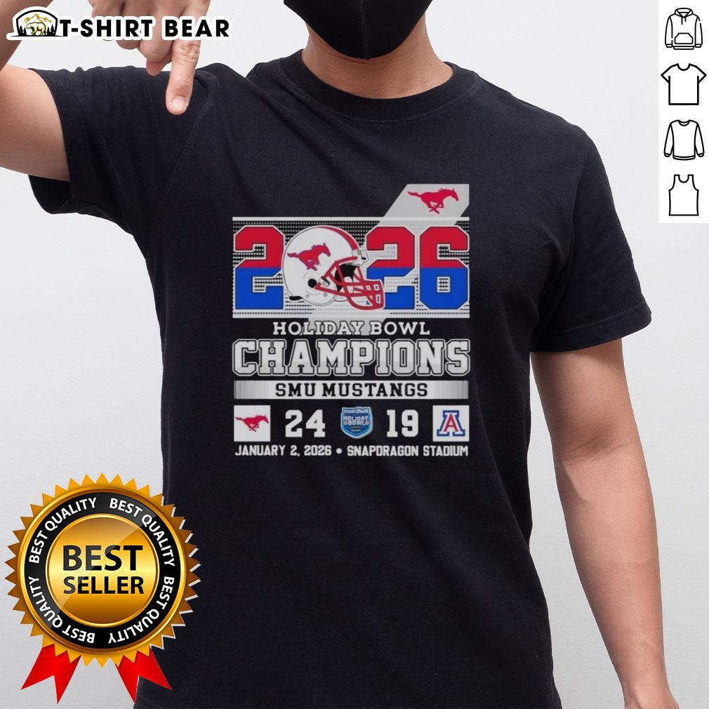 2026 Holiday Bowl Champions T-Shirt featuring SMU Mustangs victory over Arizona Wildcats design.