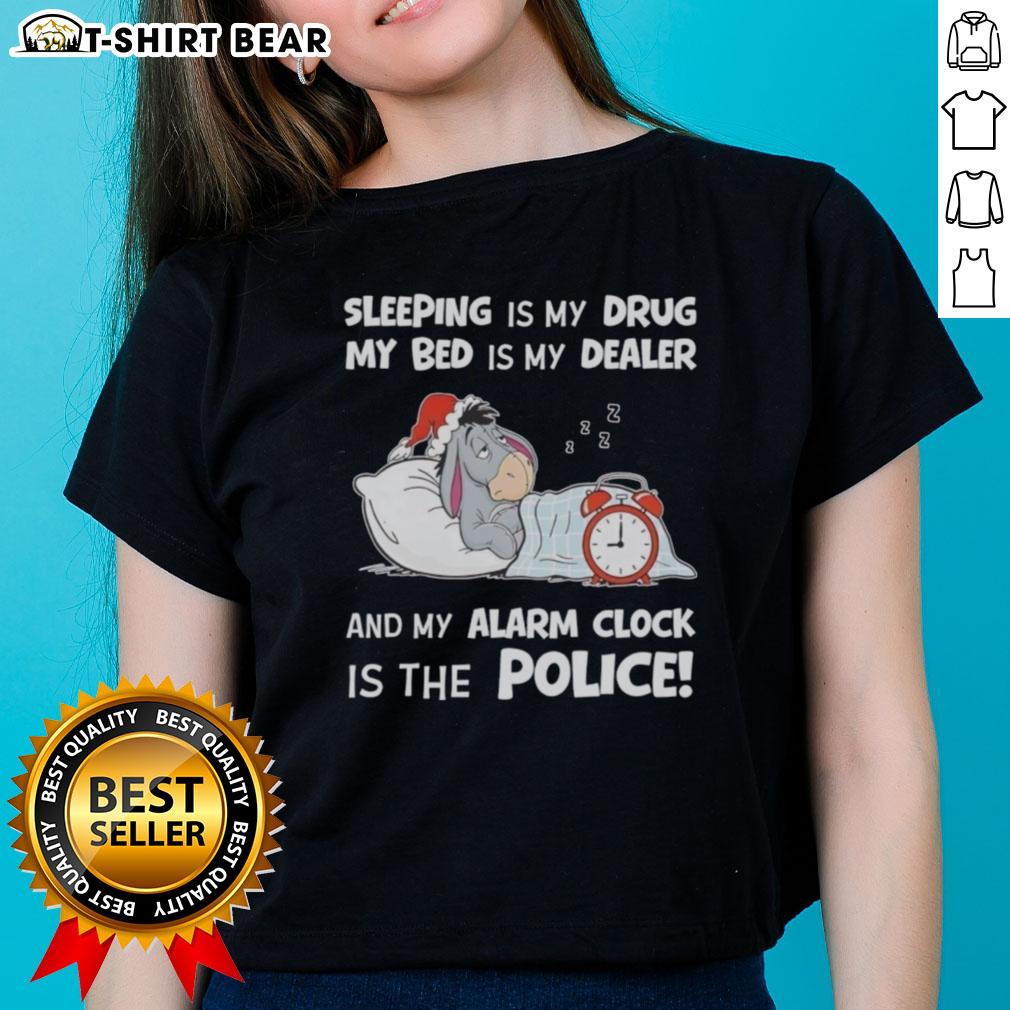 Good Sleeping Is My Drug Ladies Tee featuring a playful design about sleep and alarm clocks, perfect for cozy nights.