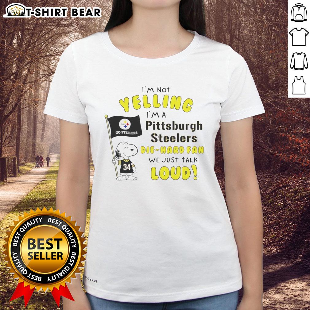 Alt Text: Good Snoopy shirt for Pittsburgh Steelers die-hard fans, featuring a funny graphic and bold lettering on a ladies tee.