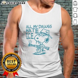 Good Snoopy Peanuts tank top featuring 'All My Dawgs Hate Ice' design, perfect for dog lovers and comic fans.