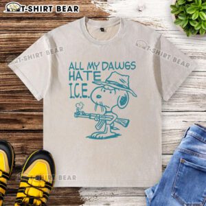 Good Snoopy Peanuts All My Dawgs Hate Ice Washed T-Shirt featuring a playful Snoopy graphic on a trendy ice-washed fabric.