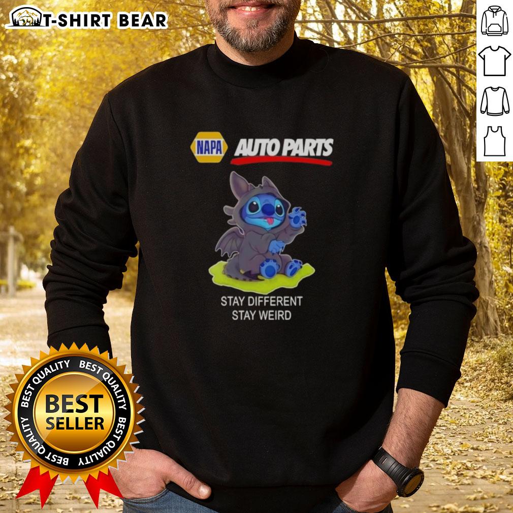 Happy Stitch Cosplay sweatshirt featuring Toothless and Napa Auto Parts design, promoting 'Stay Different, Stay Weird' slogan.