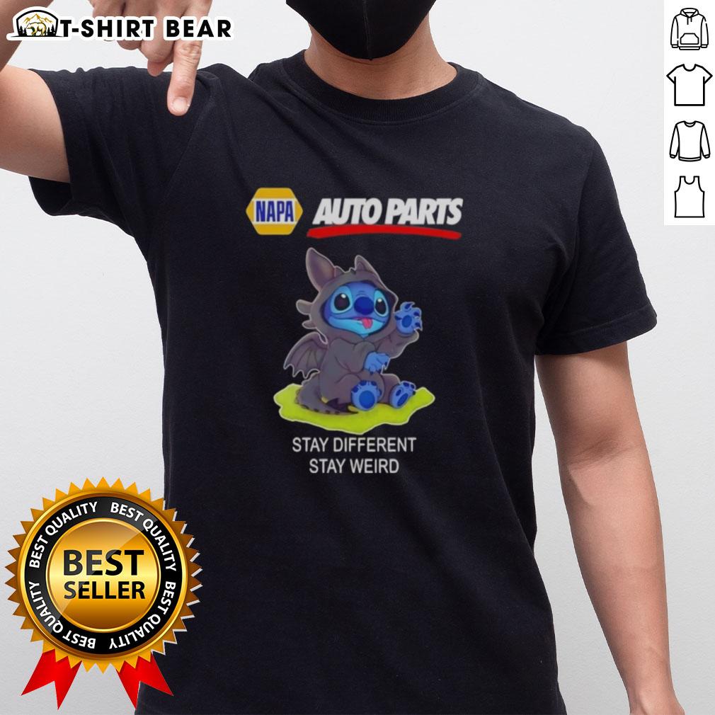 Alt Text: Happy Stitch Cosplay Toothless X Napa Auto Parts Stay Different Stay Weird T-Shirt featuring vibrant graphics and playful design.