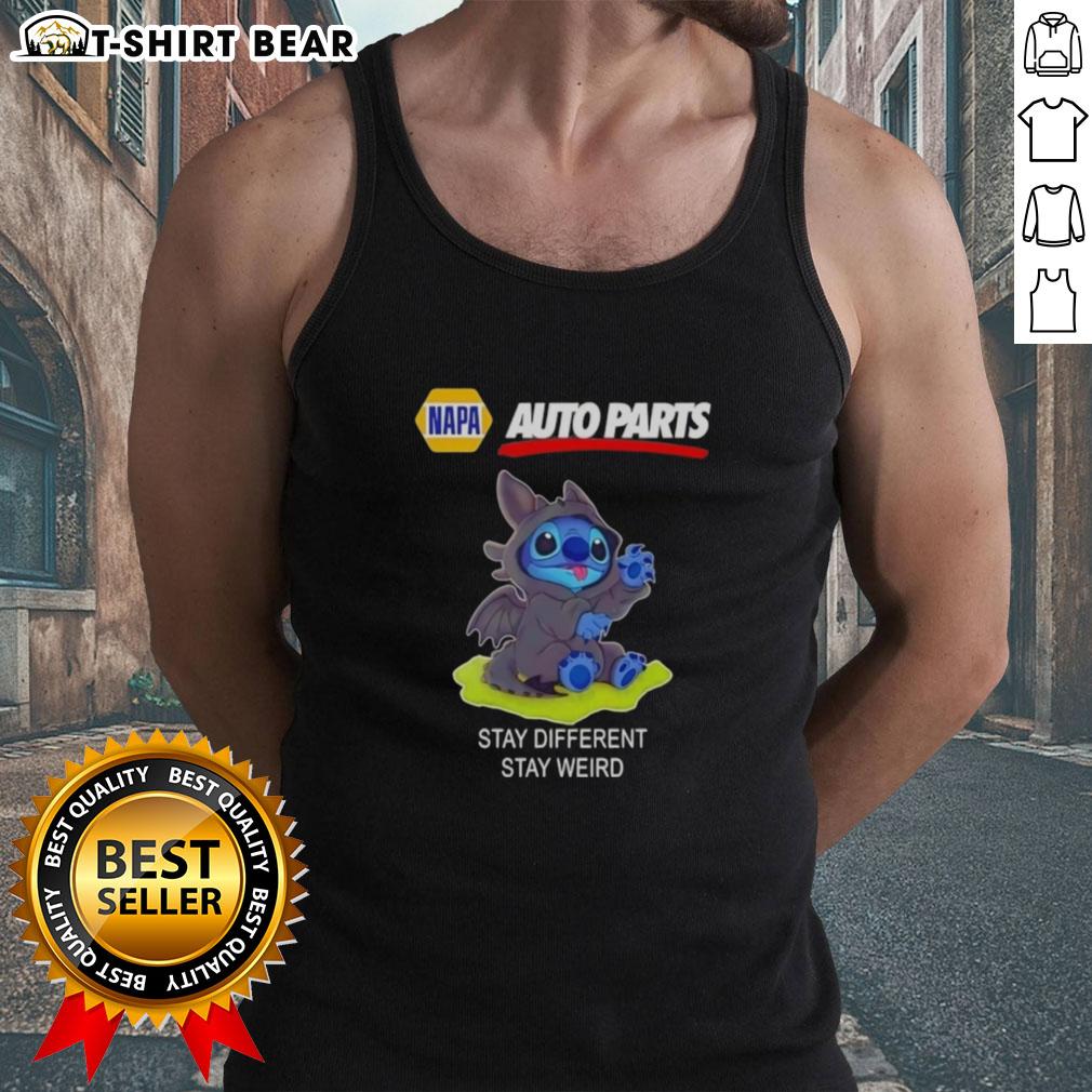Happy Stitch cosplay wearing a Toothless tank top from Napa Auto Parts, promoting 'Stay Different, Stay Weird' style.