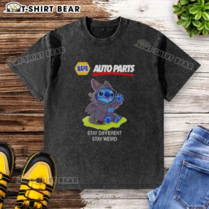 Happy Stitch Cosplay Toothless X Napa Auto Parts t-shirt featuring 'Stay Different, Stay Weird' slogan in vibrant design.