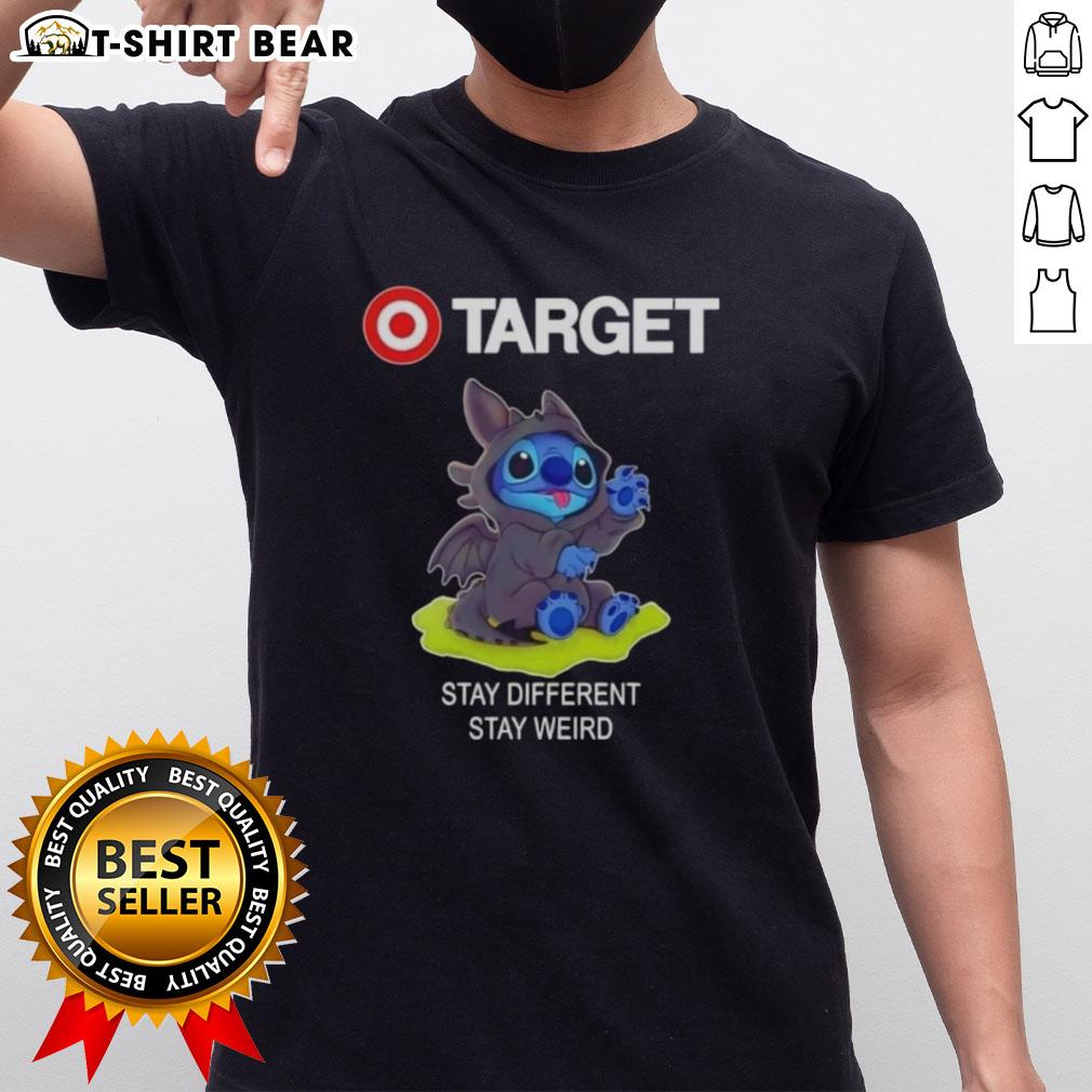 Happy Stitch Cosplay Toothless X Target Stay Different Stay Weird T-Shirt featuring a playful design and vibrant colors.