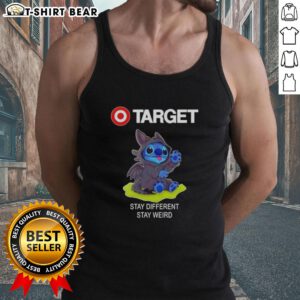Happy Stitch cosplay wearing a Toothless tank top featuring 'Stay Different, Stay Weird' slogan.