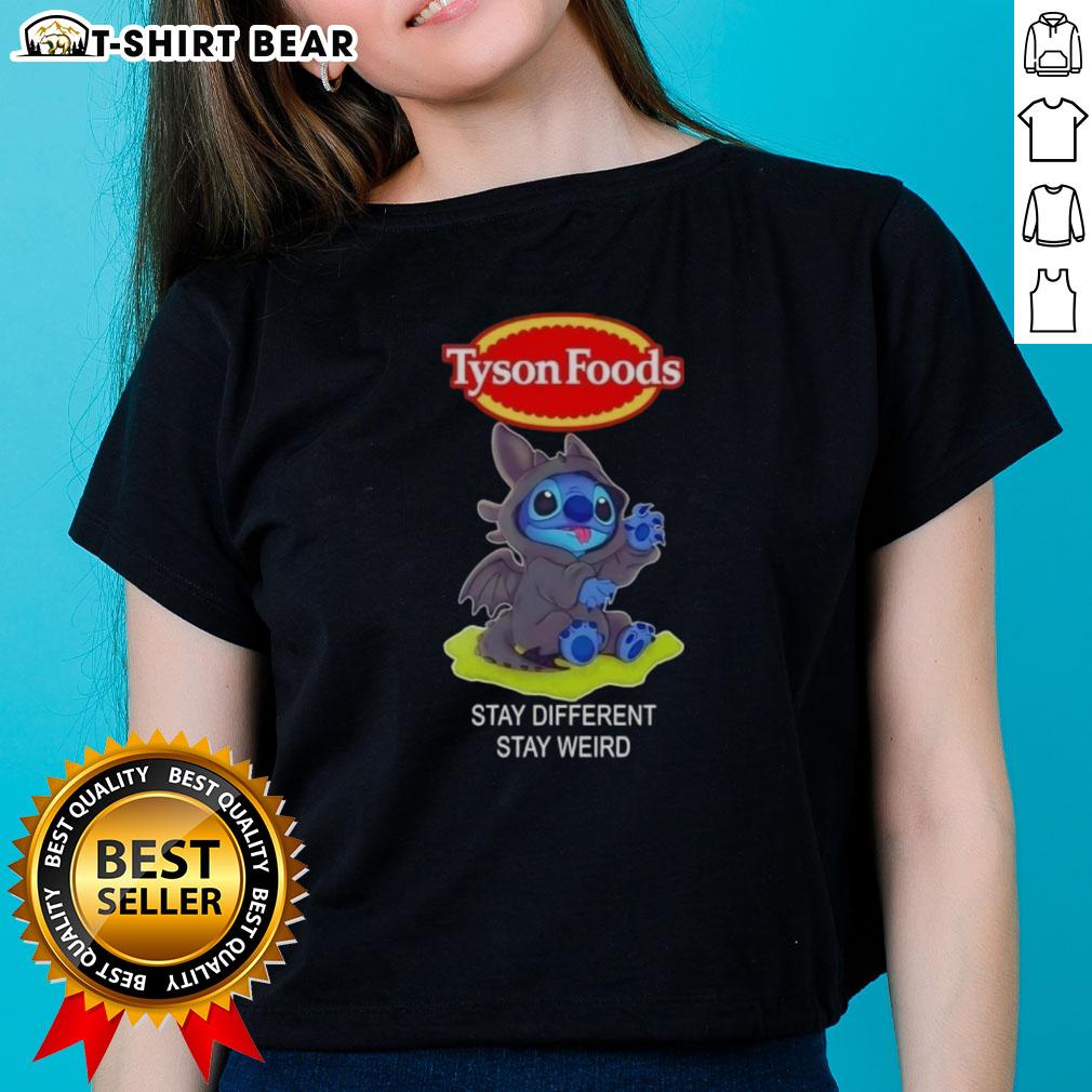 Happy Stitch Cosplay Toothless X Tyson Foods tee featuring 'Stay Different Stay Weird' design for fun-loving fans.