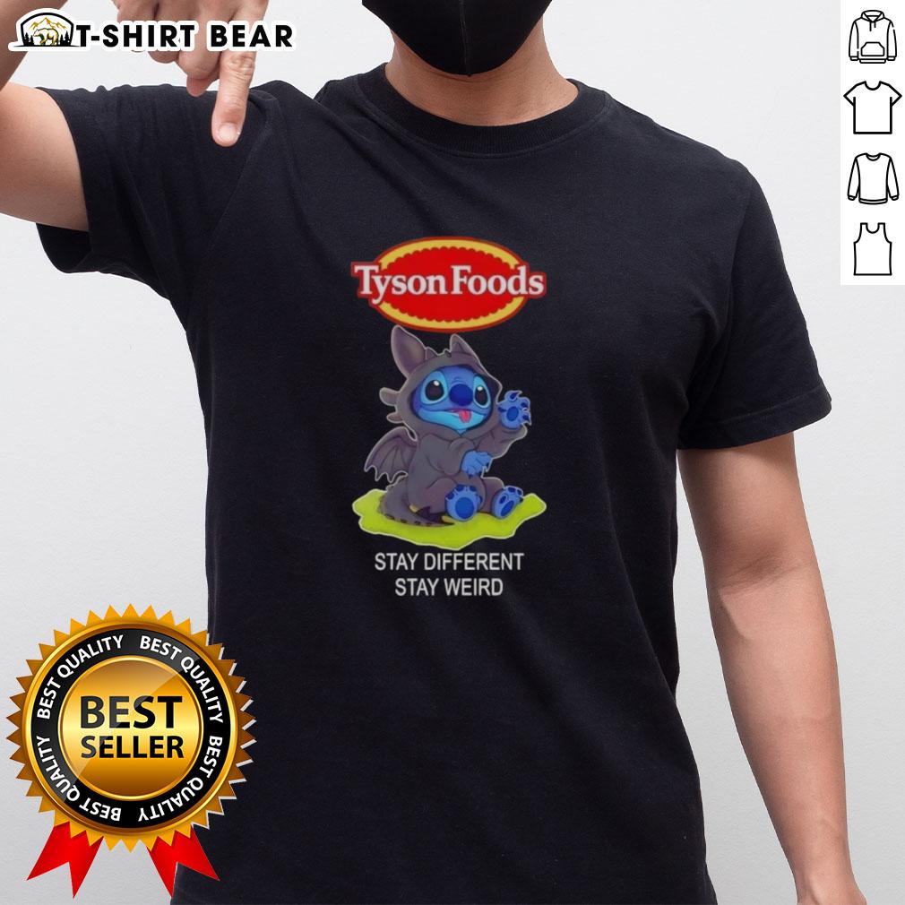 Happy Stitch Cosplay Toothless X Tyson Foods t-shirt featuring a fun design with 'Stay Different Stay Weird' slogan.