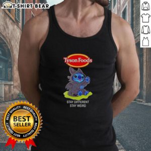 Happy Stitch cosplay wearing a Toothless tank top, promoting Tyson Foods' 'Stay Different, Stay Weird' message.