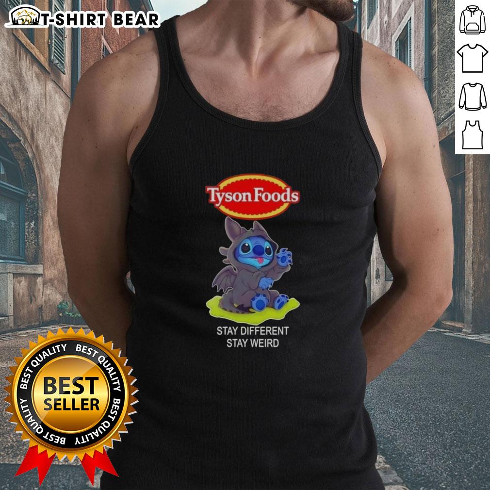 Happy Stitch cosplay wearing a Toothless tank top, promoting Tyson Foods' 'Stay Different, Stay Weird' message.