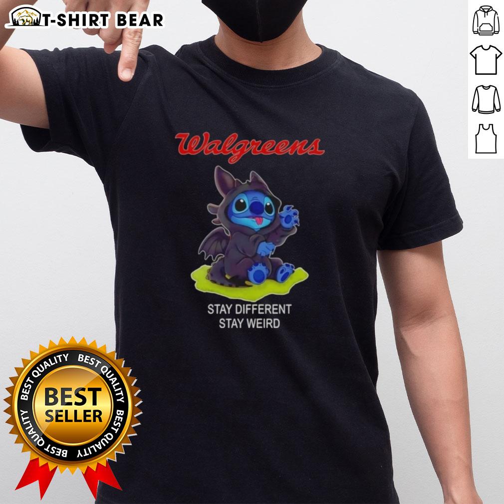 Happy Stitch Cosplay Toothless X Walgreens Stay Different Stay Weird T-Shirt featuring vibrant graphic design and playful colors.