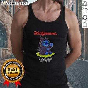 Happy Stitch cosplay wearing a Toothless X Walgreens tank top, showcasing the 'Stay Different, Stay Weird' design.
