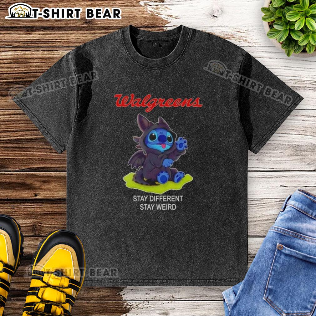 Happy Stitch Cosplay wearing Toothless t-shirt from Walgreens, featuring 'Stay Different, Stay Weird' slogan.