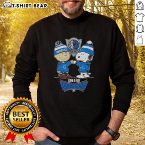Alt Text: Snoopy gives a high five to Charlie Brown, both in Dallas Mavericks sweatshirts, celebrating team spirit.