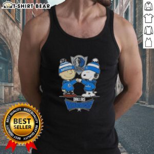 Snoopy giving a high five to Charlie Brown, both wearing Dallas Mavericks tank tops, celebrating their team spirit.