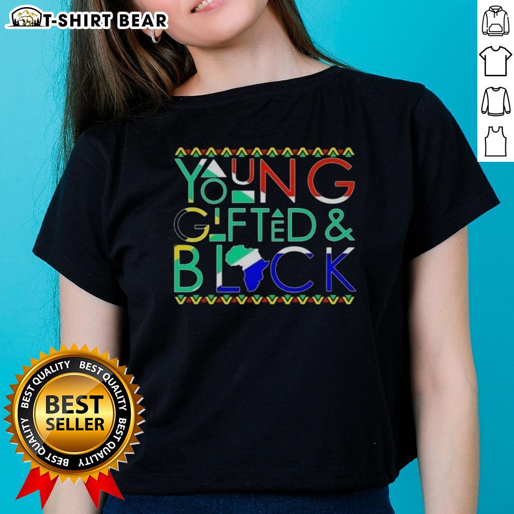 Alt Text: Hot Young Gifted And Black Africa Map Ladies Tee featuring a stylish design celebrating African heritage and culture.