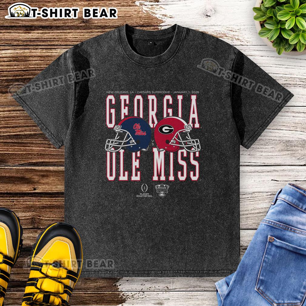 Nice Allstate Sugar Bowl 2026 Ole Miss vs Georgia helmet matchup washed t-shirt showcased on a wooden background.