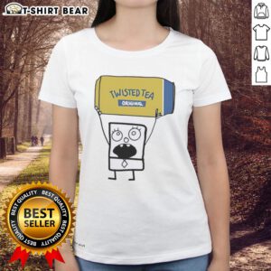Doodlebob holding a Twisted Tea Original can on a ladies' tee, featuring a fun and colorful design.