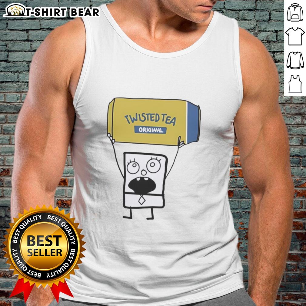 Alt Text: Doodlebob wearing a tank top, holding a Twisted Tea Original can, showcasing fun summer vibes and playful character design.