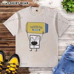Doodlebob character holding a Twisted Tea Original can, wearing a washed T-shirt, showcasing a fun, casual vibe.