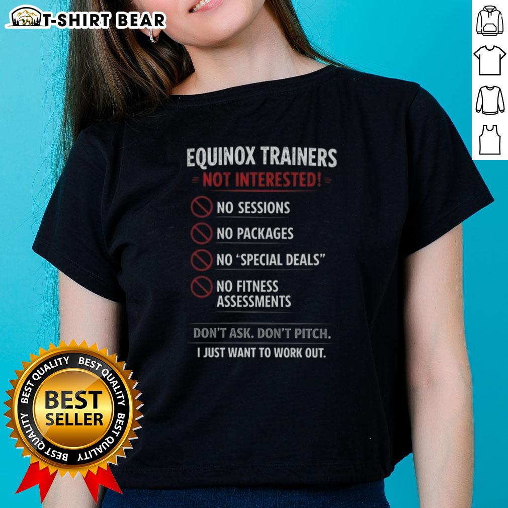 Stylish ladies tee featuring 'I Just Want to Work Out' text, paired with Nice Equinox trainers for a chic workout look.