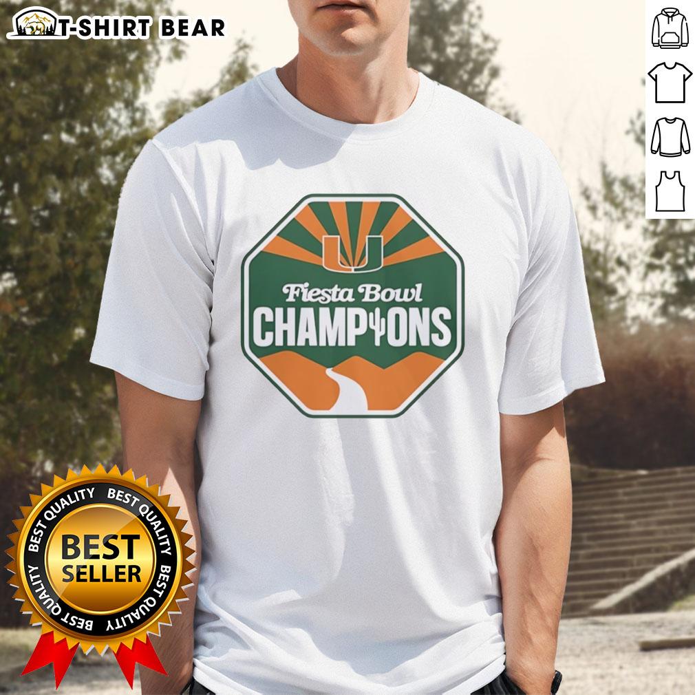 Alt Text: Miami Hurricanes Football Fiesta Bowl Champions CFP 2026 logo T-shirt showcasing vibrant team colors and design.