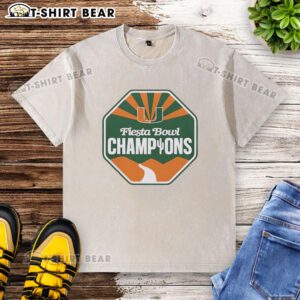 Nice Miami Hurricanes Football Fiesta Bowl Champions CFP 2026 Logo Wash T-Shirt in vibrant colors and soft fabric.